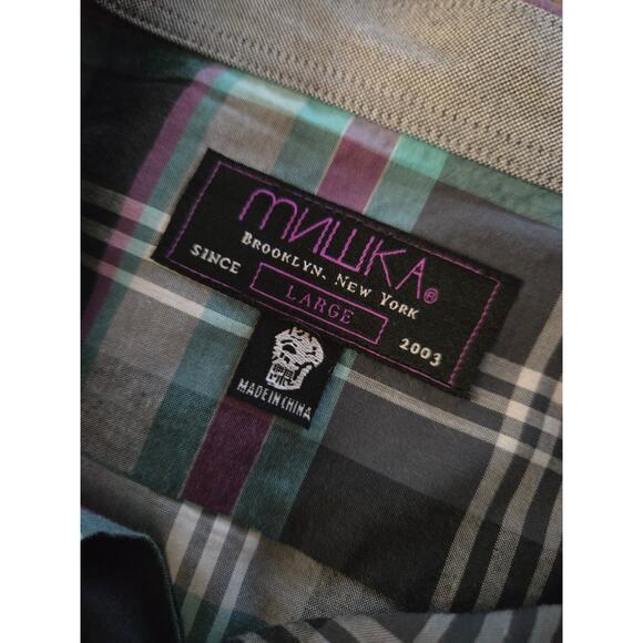 Mishka Mnwka Large Men's Long Sleeve Shirt Pink Blue Plaid One Pocket - Picture 4 of 4